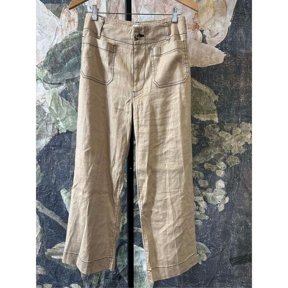 New Anthropologie The Colette Contrast-Stitch Linen Crop Wide-Leg Pants by Maeve - Picture 8 of 8
